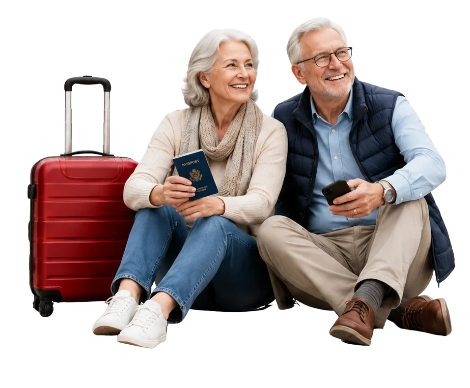 Senior couple with passport and suitcase ready to travel